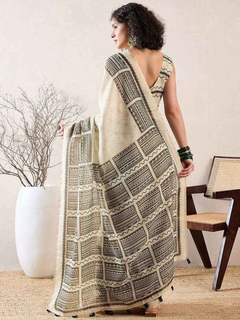 women off white linen blend geometric printed saree