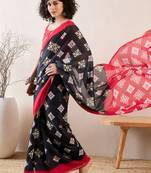 women black linen blend geometric printed saree
