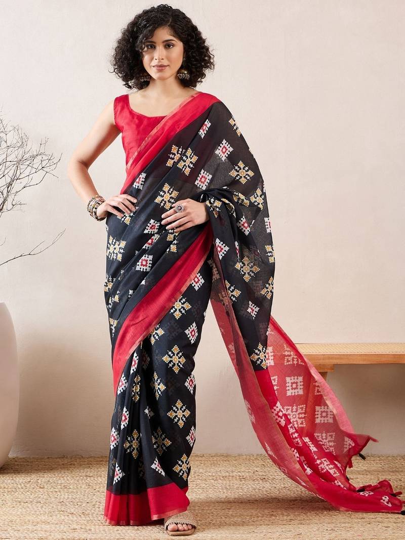 women black linen blend geometric printed saree
