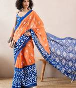 women orange linen blend ikat printed saree