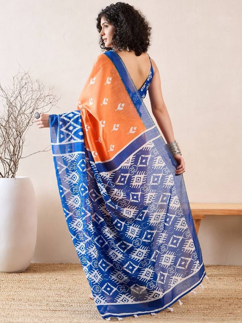 women orange linen blend ikat printed saree