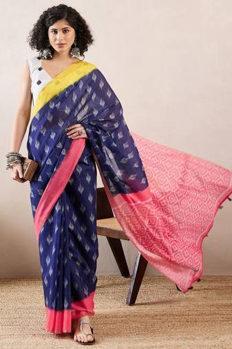 women blue linen blend ikat printed saree