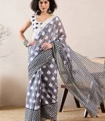 women grey linen blend geometric printed saree
