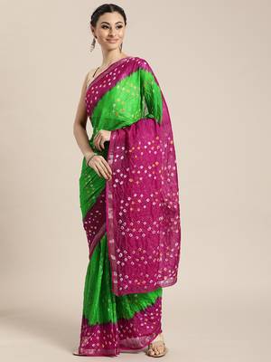 Hand Dyed Pink & Green Bandhani Silk Sustainable Saree 1