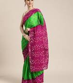 Hand Dyed Pink & Green Bandhani Silk Sustainable Saree