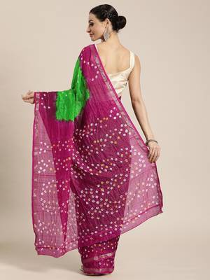 Hand Dyed Pink & Green Bandhani Silk Sustainable Saree 2