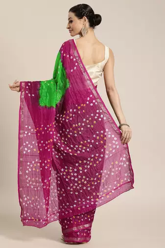 Hand Dyed Pink & Green Bandhani Silk Sustainable Saree