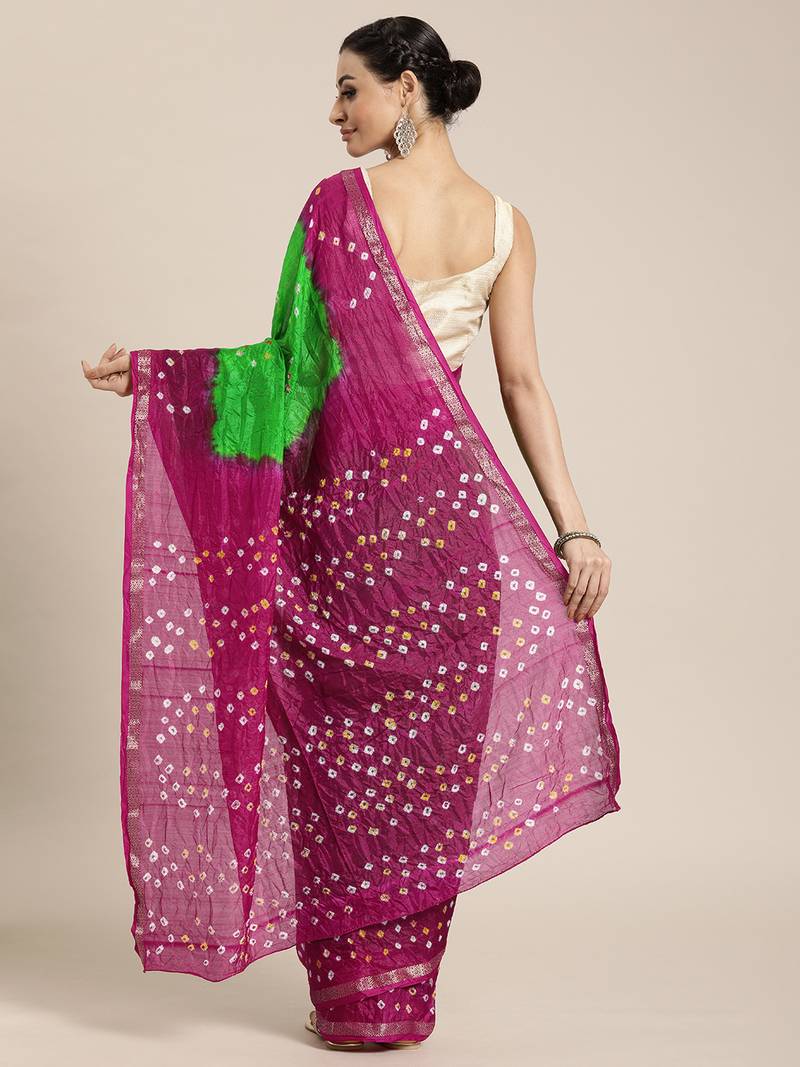 Hand Dyed Pink & Green Bandhani Silk Sustainable Saree