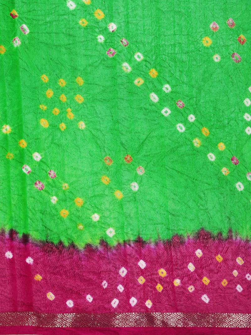 Hand Dyed Pink & Green Bandhani Silk Sustainable Saree