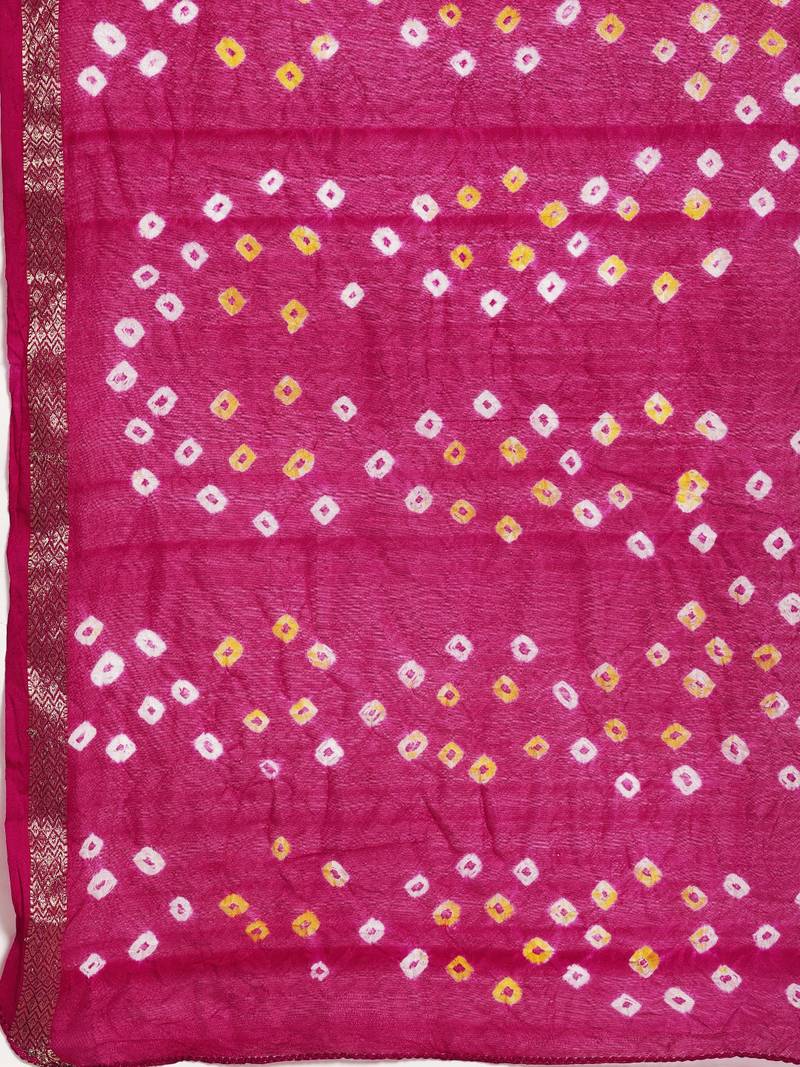 Hand Dyed Pink & Green Bandhani Silk Sustainable Saree