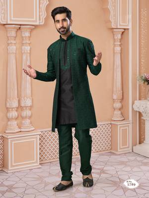 Green Indo-Western Sherwani with Black Kurta Pajama 1