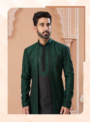 Green Indo-Western Sherwani with Black Kurta Pajama 2