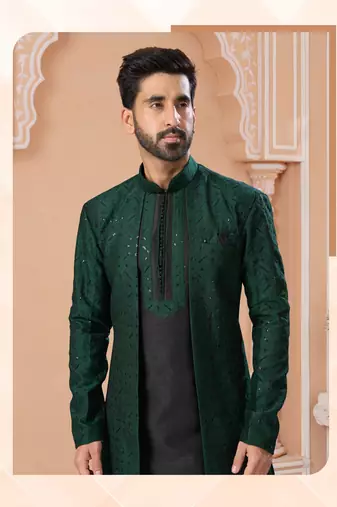Green Indo-Western Sherwani with Black Kurta Pajama