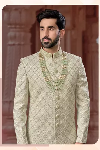 Full handwork all over sherwani set with handwork on colour & botton with stone work wedding sherwani