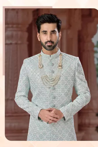 Full handwork all over sherwani set with handwork on colour & botton with stone work wedding sherwani