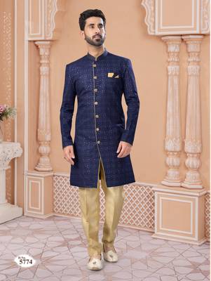 Full computer star work indowestern sherwani set with thread and stone work with fancy botton 1