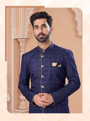 Full computer star work indowestern sherwani set with thread and stone work with fancy botton 2