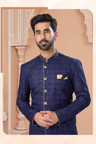 Full computer star work indowestern sherwani set with thread and stone work with fancy botton