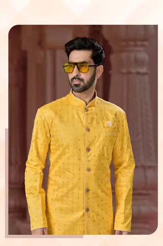 Full computer star work indowestern sherwani set with thread and stone work with fancy botton