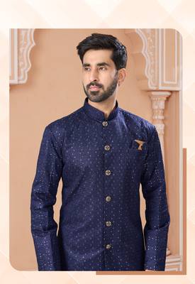 Full computer star work indowestern sherwani set with thread and stone work with fancy botton 2