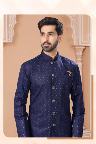 Full computer star work indowestern sherwani set with thread and stone work with fancy botton