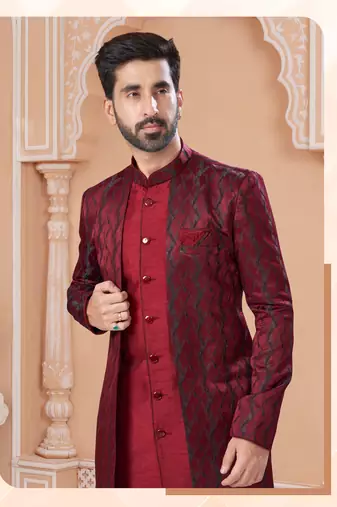 jacket style indowestern set with thread work & fancy botton