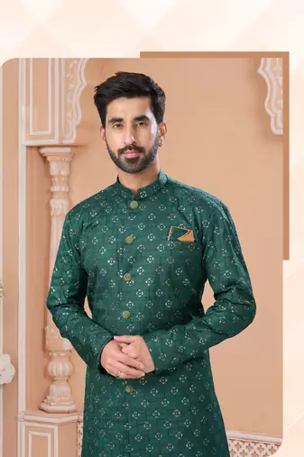 Full computer star work indowestern sherwani set with thread and stone work with fancy botton