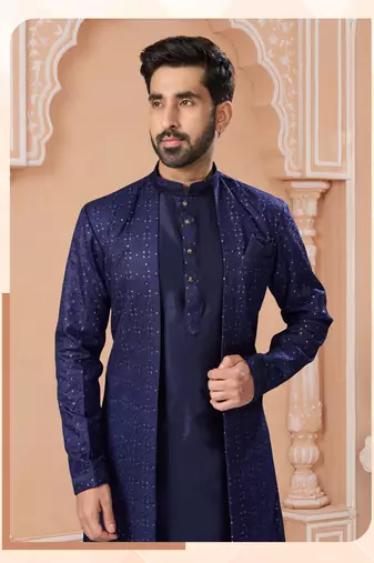 Full computer star work jacket style indowestern set with thread and stone work with fancy botton