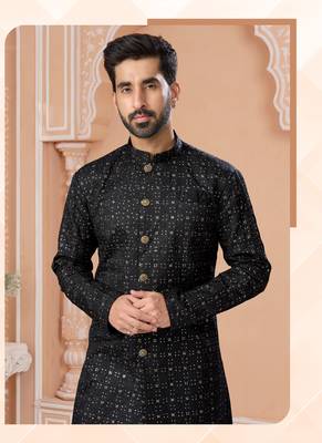 Full computer star work indowestern sherwani set with thread and stone work with fancy botton 2