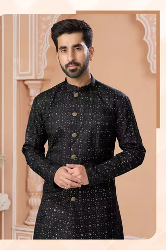 Full computer star work indowestern sherwani set with thread and stone work with fancy botton