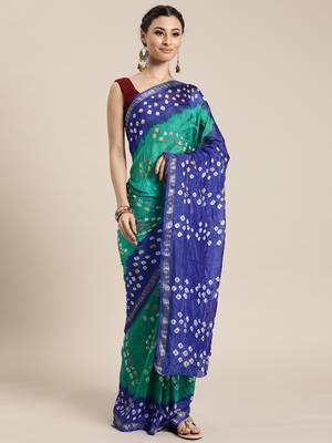 Hand Dyed Green & Blue Bandhani Silk Sustainable Saree 1