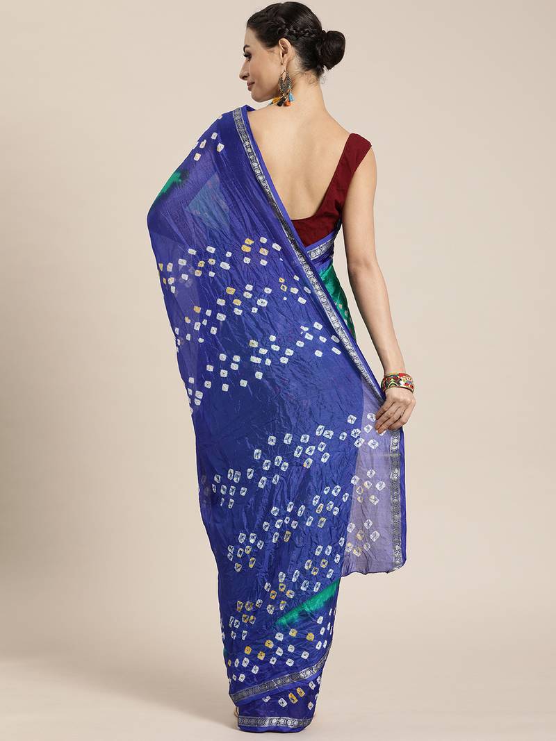 Hand Dyed Green & Blue Bandhani Silk Sustainable Saree