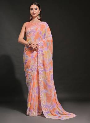 Orange Soft Georgette Sequence Work Saree 1