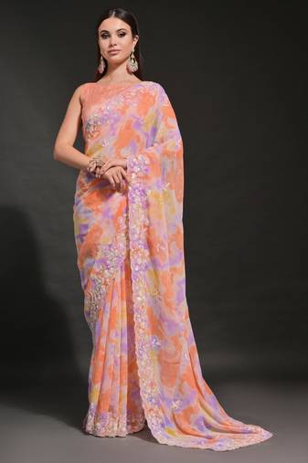 Orange Soft Georgette Sequence Work Saree