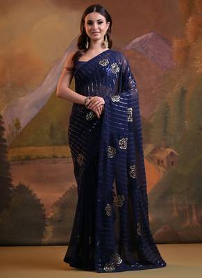 Navy Blue Soft Georgette Sequence Work Saree 1