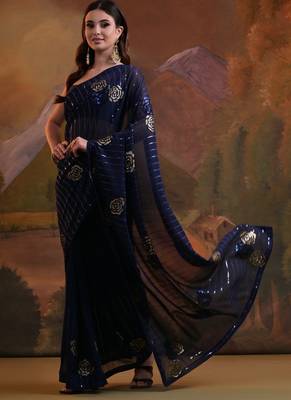 Navy Blue Soft Georgette Sequence Work Saree 2