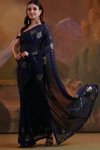 Navy Blue Soft Georgette Sequence Work Saree
