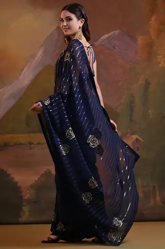 Navy Blue Soft Georgette Sequence Work Saree