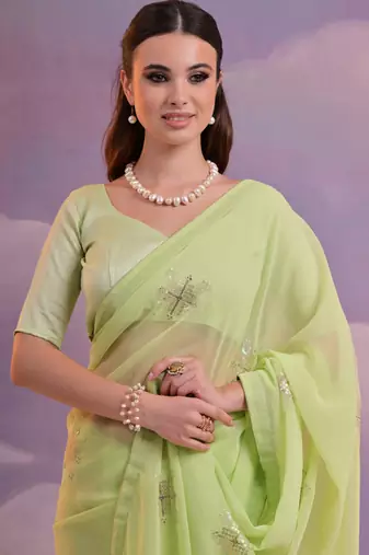 Light Green Georgette Sequence Party Wear Saree