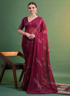 Wine Georgette Sequence Party Wear Saree 1