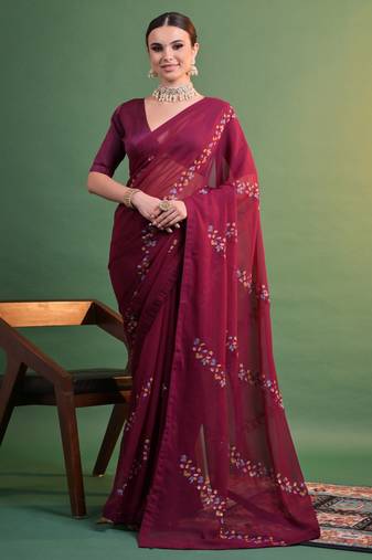 Wine Georgette Sequence Party Wear Saree