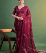 Wine Georgette Sequence Party Wear Saree