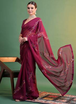 Wine Georgette Sequence Party Wear Saree 2