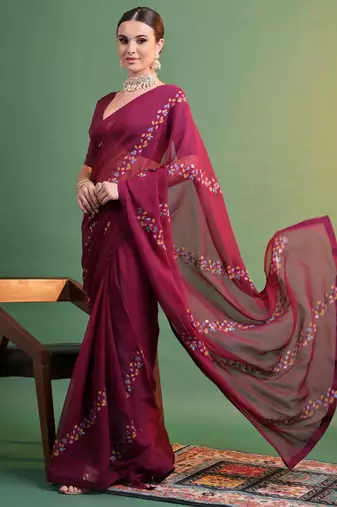 Wine Georgette Sequence Party Wear Saree