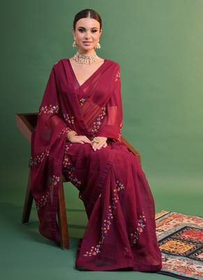 Wine Georgette Sequence Party Wear Saree 3