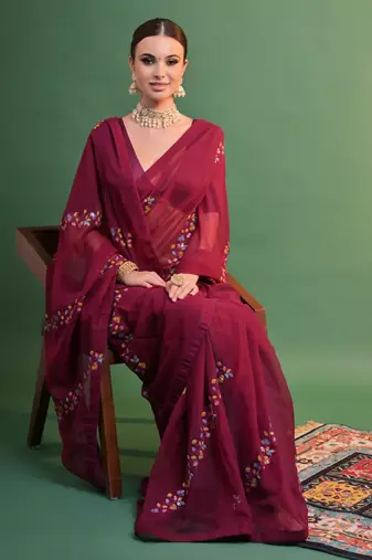 Wine Georgette Sequence Party Wear Saree