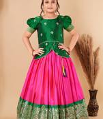 baby Girls Green New south Indian traditional pattu pavadai Jacquard Lehenga Choli for Kids Dress
