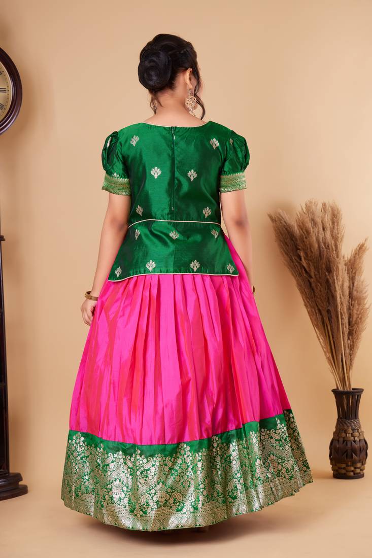 baby Girls Green New south Indian traditional pattu pavadai Jacquard Lehenga Choli for Kids Dress
