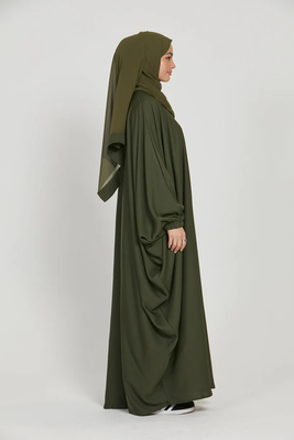 Classic Baggy Abaya Army Green with elastic Sleeves, Hijab Firdous 3