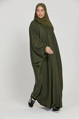 Classic Baggy Abaya Army Green with elastic Sleeves, Hijab Firdous 4